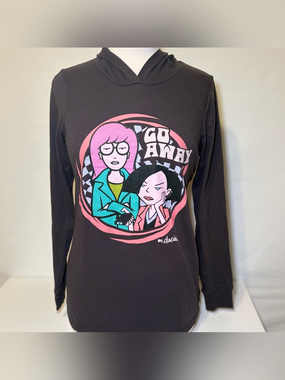 Graphic 'Go Away' Hooded Tee with Pink & Teal Cartoon Print
